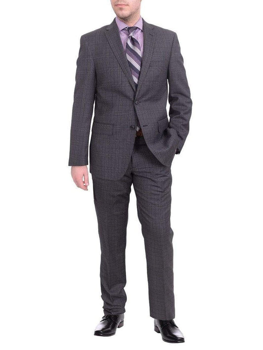 London Fog TWO PIECE SUITS Mens Slim Fit Charcoal Gray Plaid Two Button Wool Suit