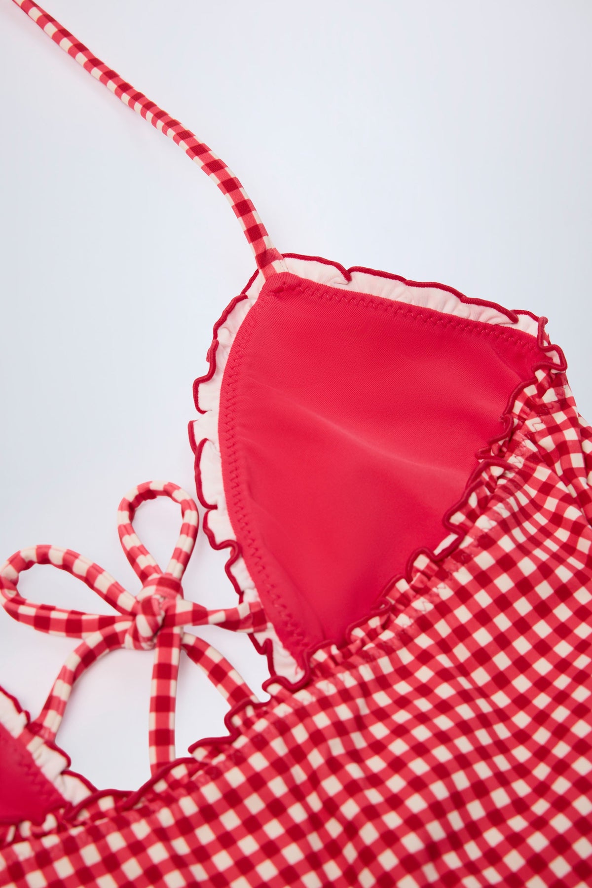 Ruffled Cut-Out Halterneck Swimsuit in Red Gingham