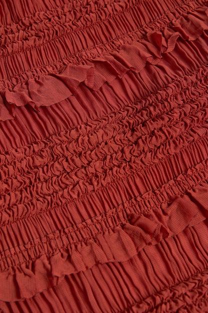 Ruffled Mid-Rise Maxi Skirt in Burnt Red