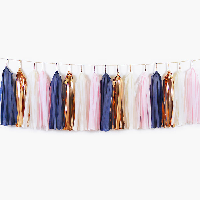 Navy Pink Rose Gold Tassel Garland - Modern Navy Blush Bridal Shower, Girl Birthday Garland, Baby Girl Shower Garland - GenWoo Shop