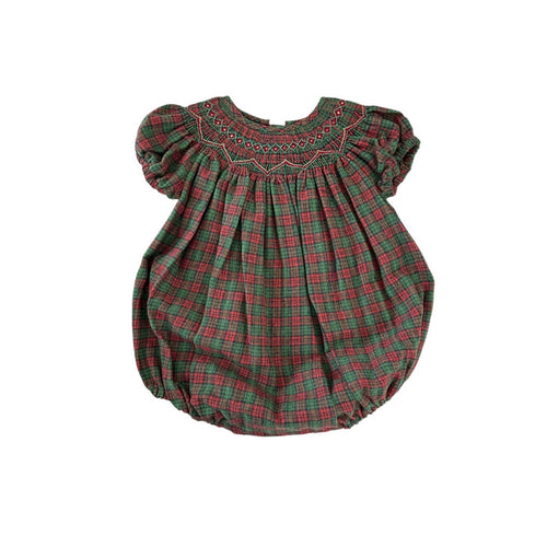 Noel Tartan Handsmocked Romper Bubble