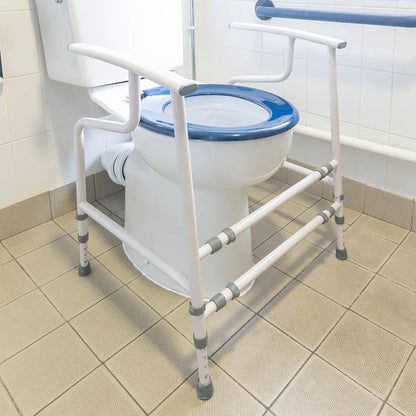 Diagram or packaging of NRS Nuvo Open Back Toilet Frame highlighting dimensions or features.