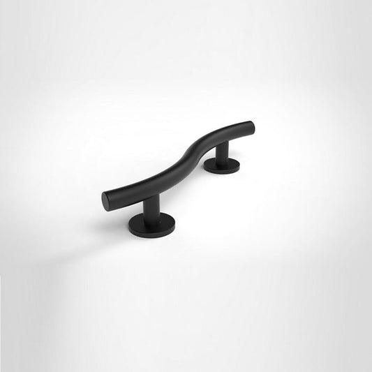 Full view of Nymas Matt Black Curved Grab Rail grab rail with circular wall plates and a textured grip, designed to provide support in bathrooms and other areas.