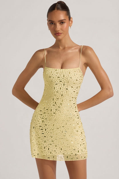 Sheer Embellished Square-Neck Mini Dress in Yellow