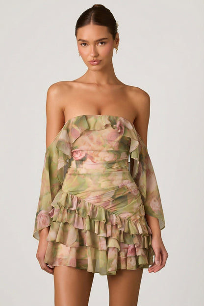 Off-Shoulder Ruffled Mini Dress in Floral Multi Print