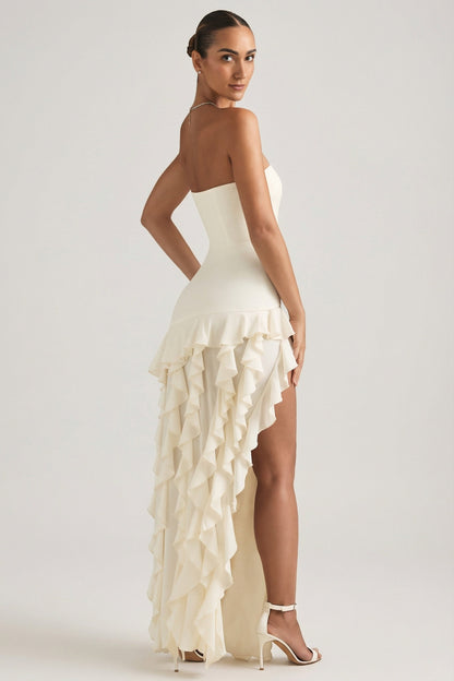 Ruffle-Trim Strapless Gown in Ivory