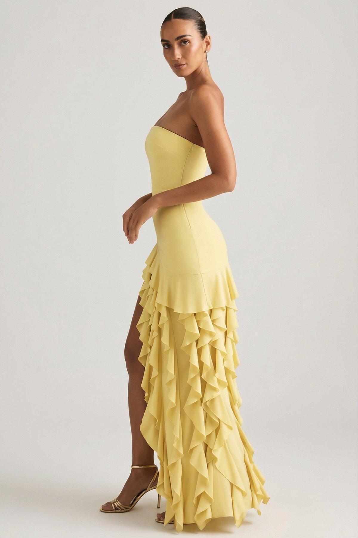 Ruffle-Trim Strapless Gown in Pastel Yellow
