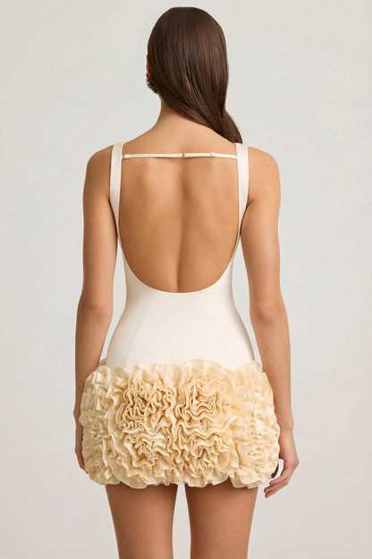 Satin Floral Appliqué Open-Back Mini Dress in Ivory