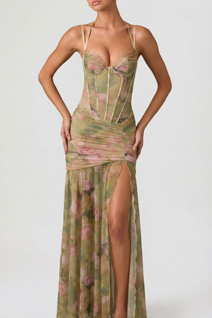 Ruched Asymmetric Corset Gown in Floral Multi Print