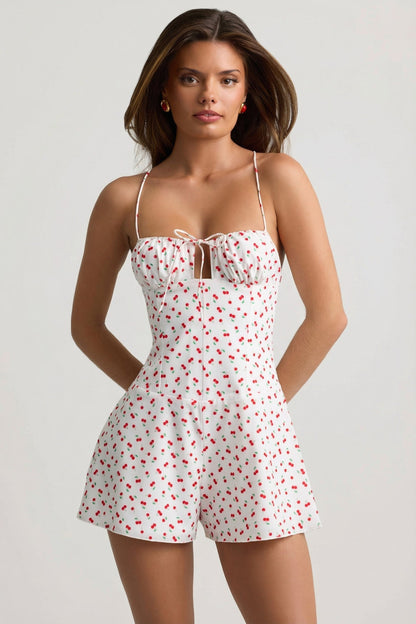 Ruched Backless Playsuit in Cherry Print