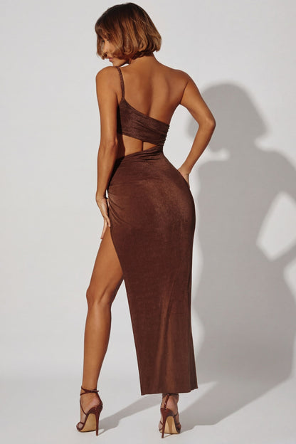 One Shoulder Cut Out Maxi Dress in Brown