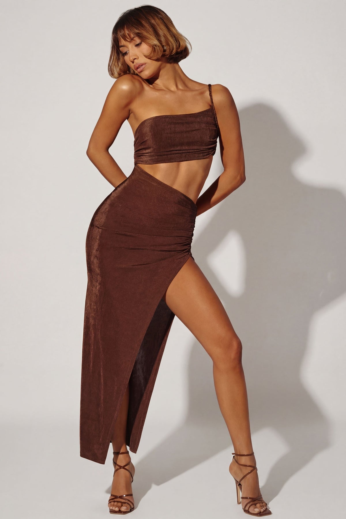 One Shoulder Cut Out Maxi Dress in Brown