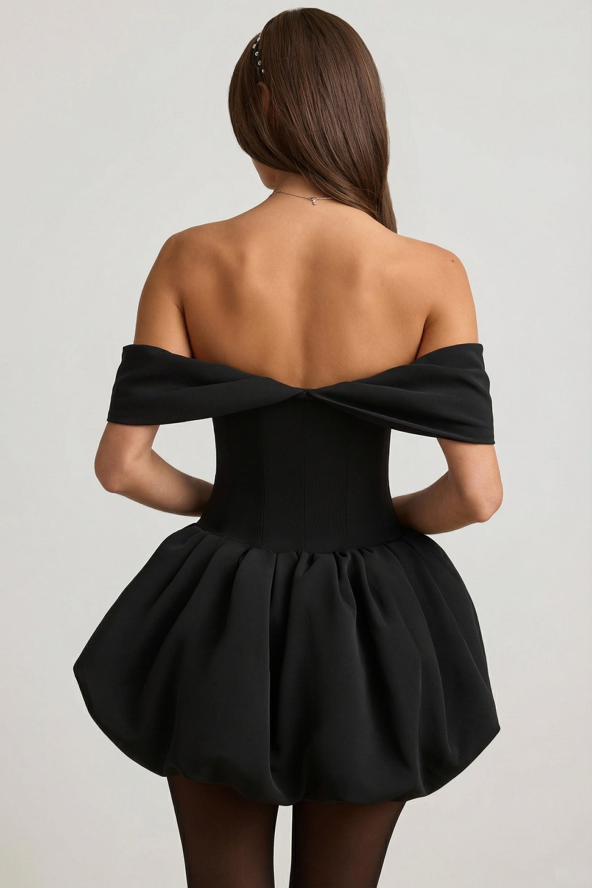 Off-Shoulder Layered Bubble Hem Corset Mini Dress in Black