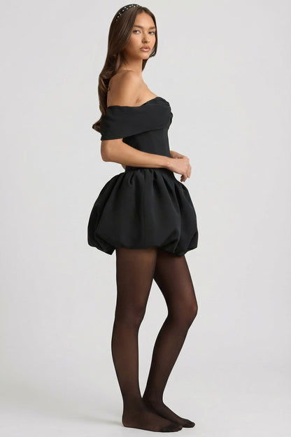 Off-Shoulder Layered Bubble Hem Corset Mini Dress in Black