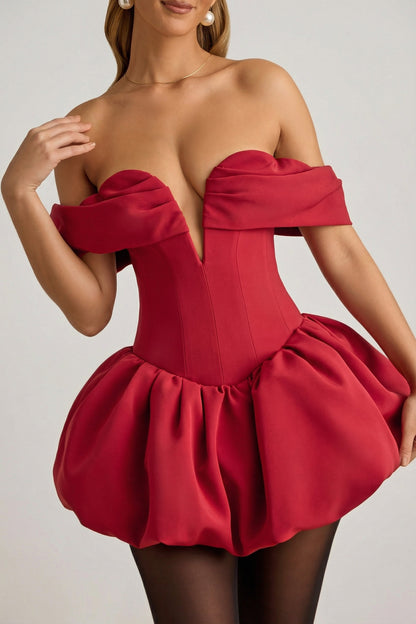 Off-Shoulder Layered Bubble Hem Corset Mini Dress in True Red
