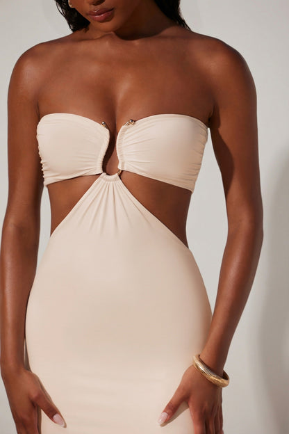 Ruched Hardware Detail Bandeau Floor Length Dress in Ivory