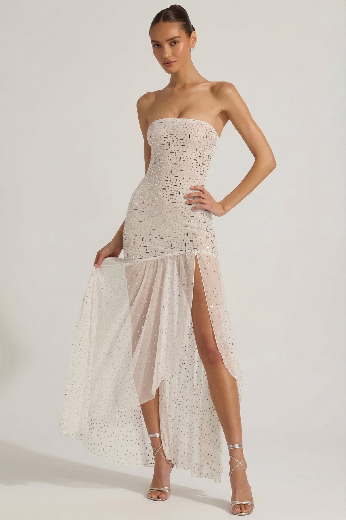 Semi-Sheer Embellished Asymmetric Maxi Dress in White