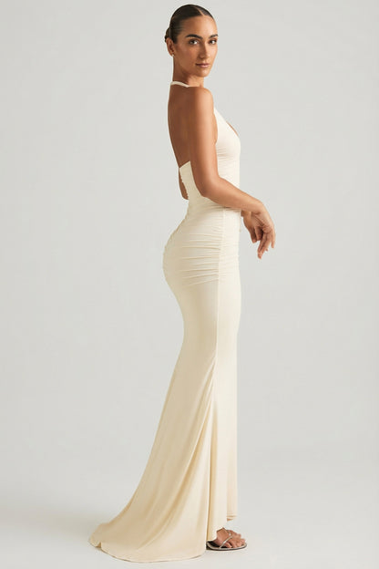 Ruched Backless Halterneck Gown in Ivory