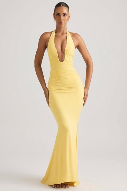 Ruched Backless Halterneck Gown in Pastel Yellow