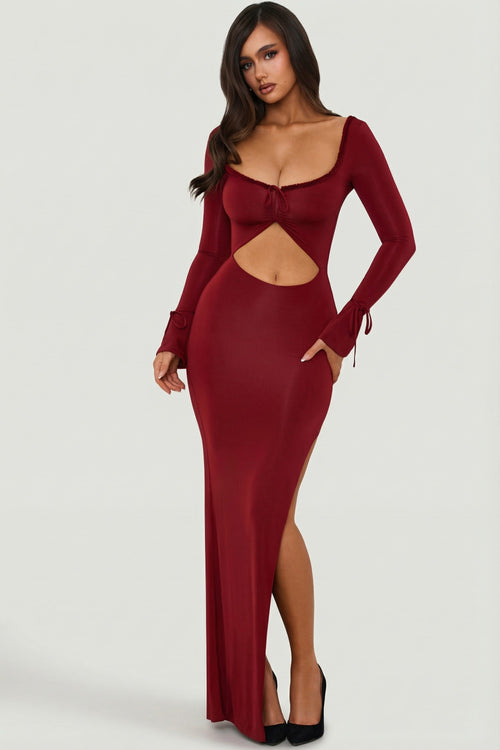Ruffle-Trim Cut-Out Maxi Dress in Berry Red