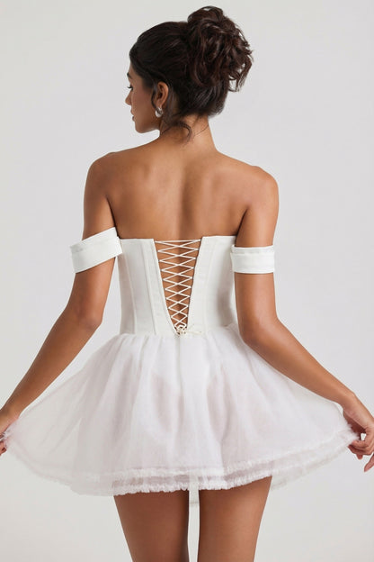 Off-Shoulder Layered Corset Micro Mini Dress in White