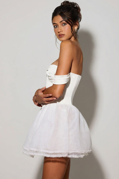 Off-Shoulder Layered Corset Micro Mini Dress in White
