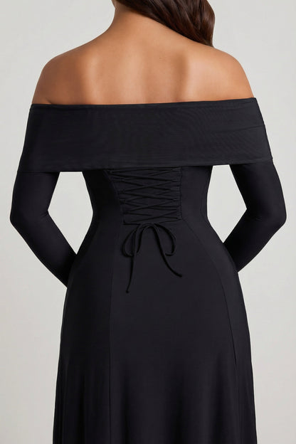 Off-Shoulder Lace-Up A-Line Midaxi Dress in Black