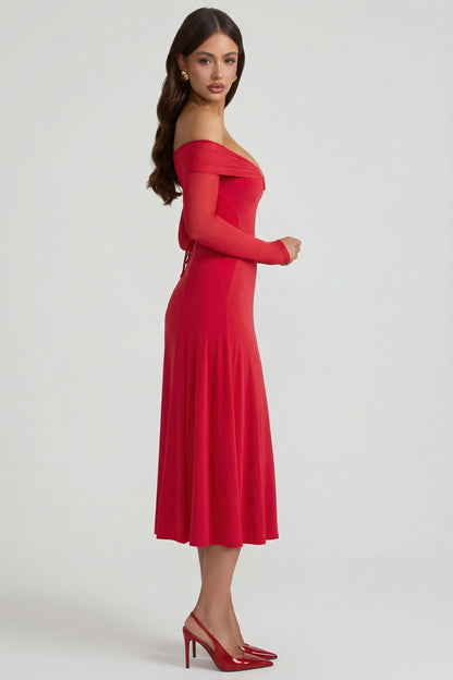 Off-Shoulder Lace-Up A-Line Midaxi Dress in Red