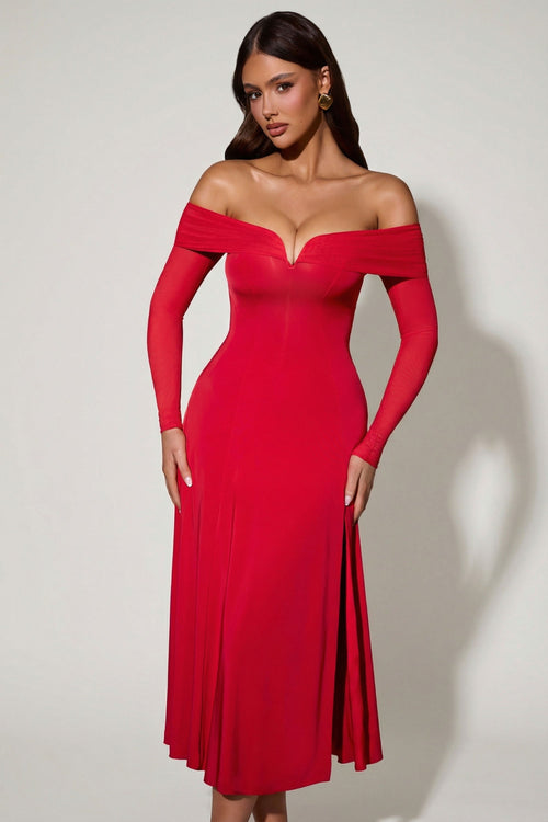 Off-Shoulder Lace-Up A-Line Midaxi Dress in Red