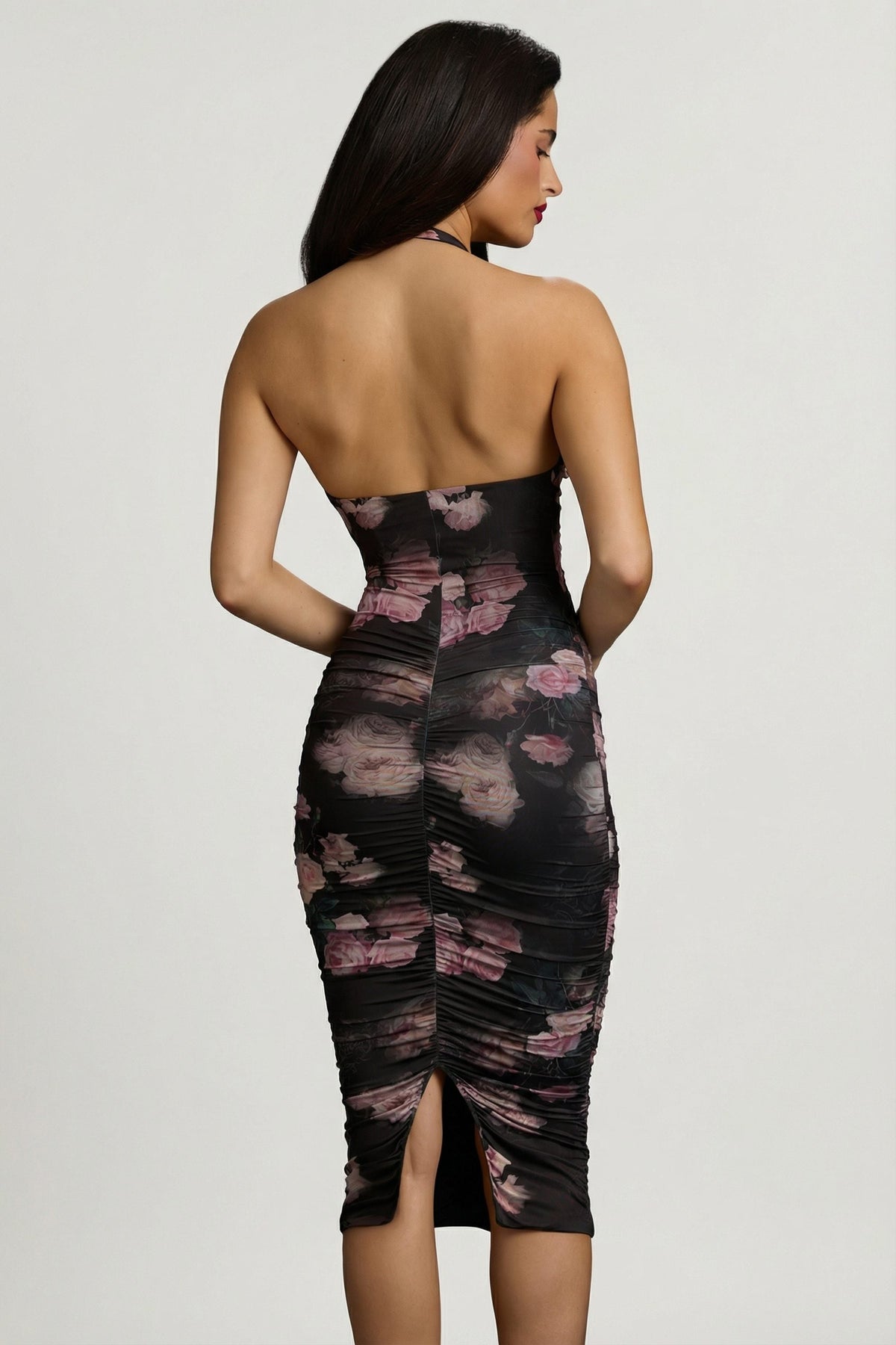 Ruched Plunge Halterneck Midi Dress in Black Floral Print