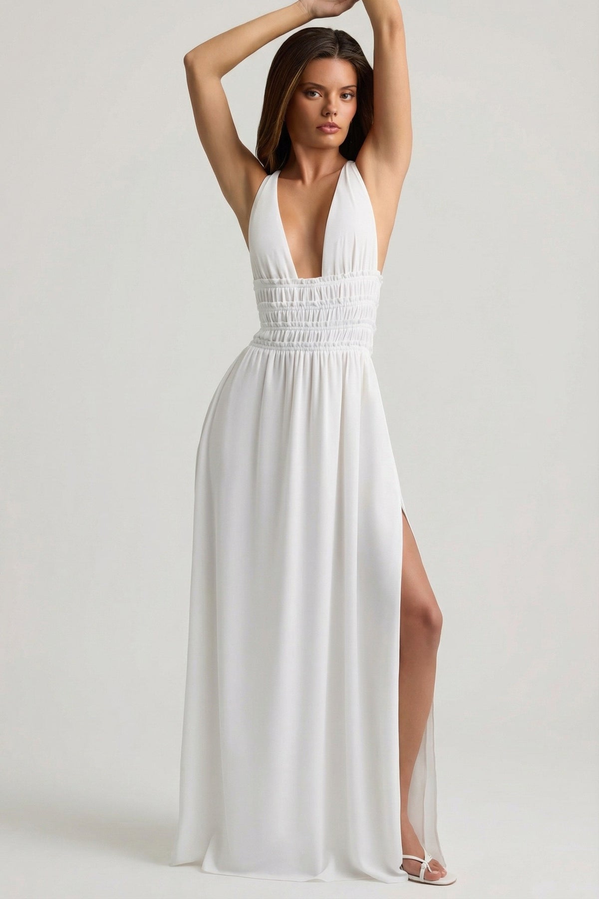 Plunge Cross-Back Maxi Dress in White