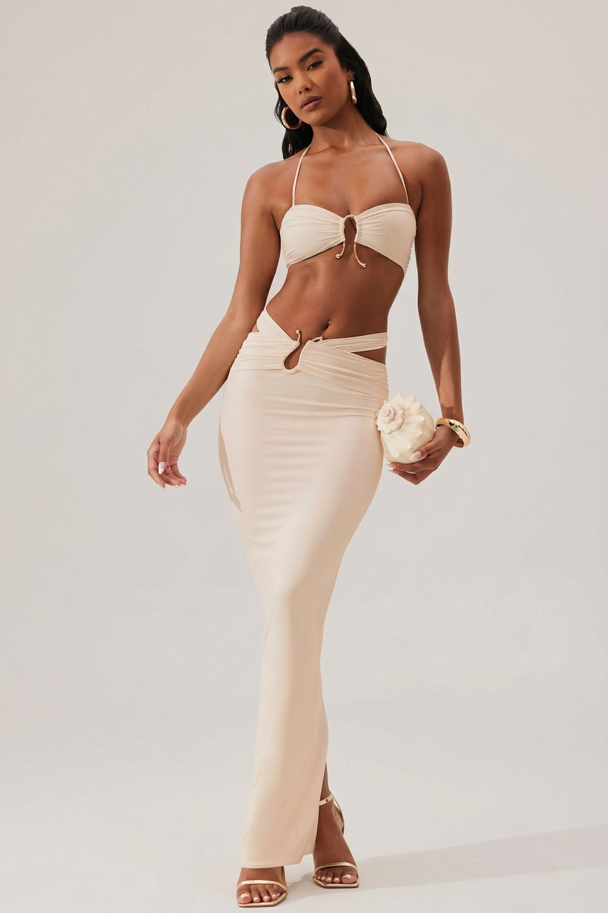 Ruched Waist Hardware Detail Maxi Skirt in Ivory