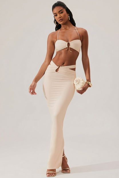 Ruched Waist Hardware Detail Maxi Skirt in Ivory