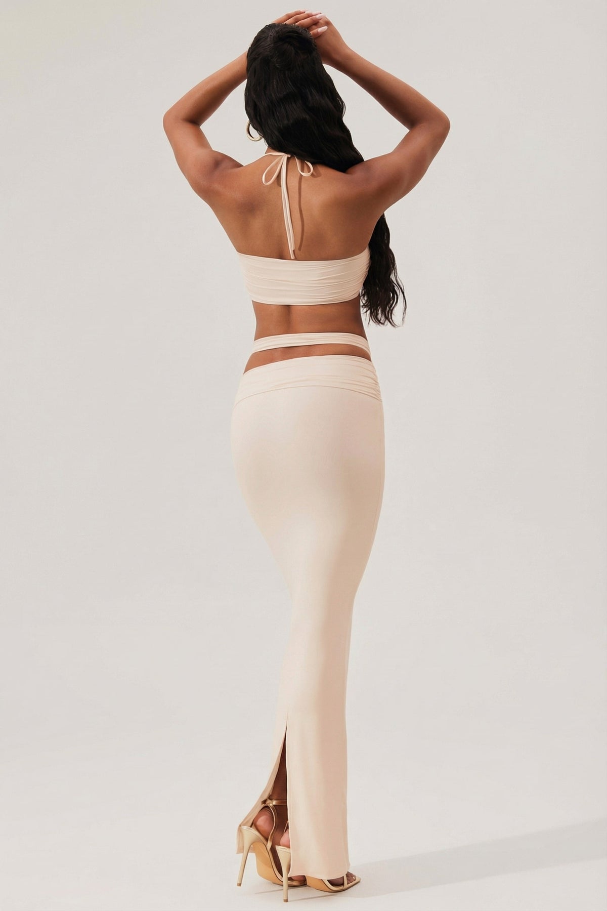 Ruched Waist Hardware Detail Maxi Skirt in Ivory