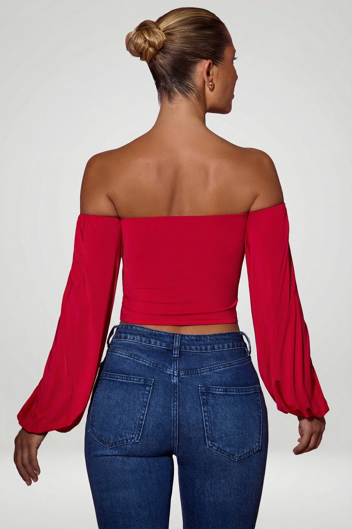 Off-Shoulder Draped Balloon-Sleeve Top in Red