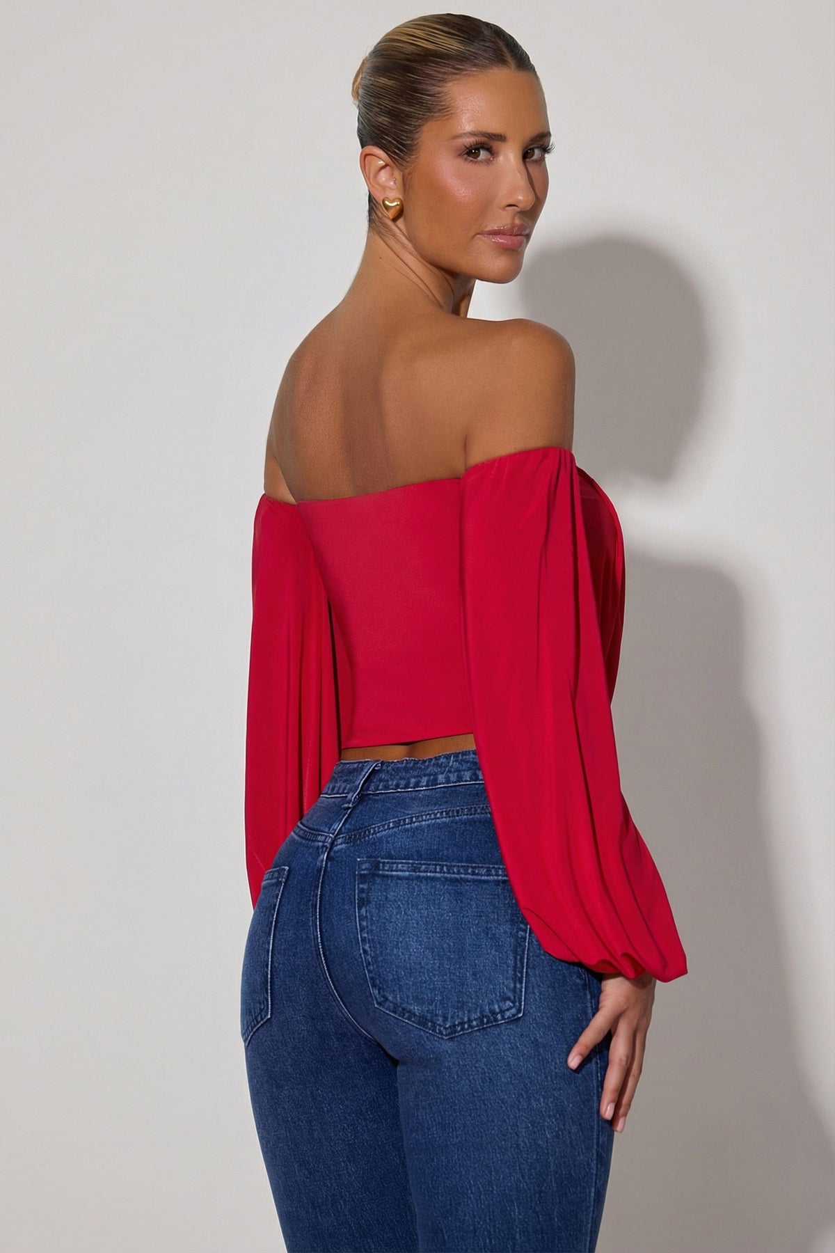 Off-Shoulder Draped Balloon-Sleeve Top in Red