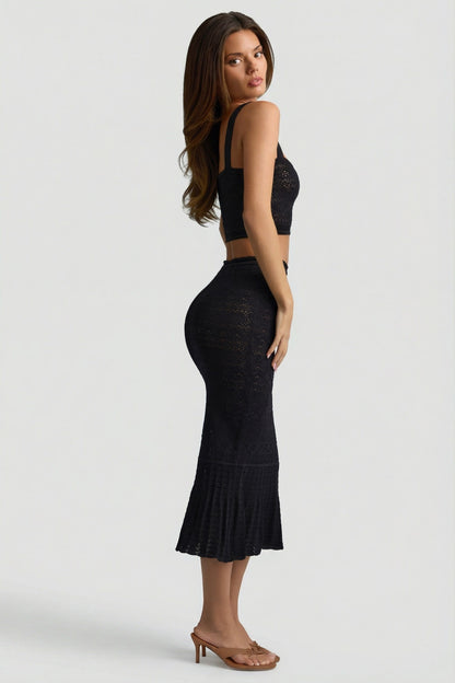 Ruffle-Trim Pointelle-Knit Midaxi Skirt in Black