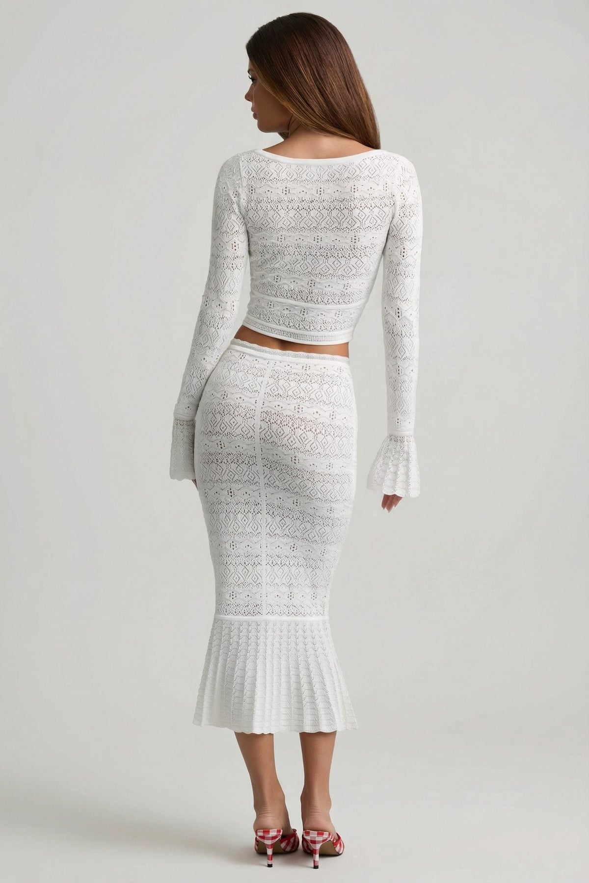 Ruffle-Trim Pointelle-Knit Midaxi Skirt in White