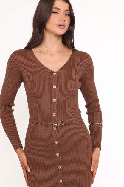 Brydie Long Sleeve Midi Dress - Chocolate Brown