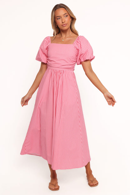 Chlo Puff Sleeve Midi Dress - Red Stripe
