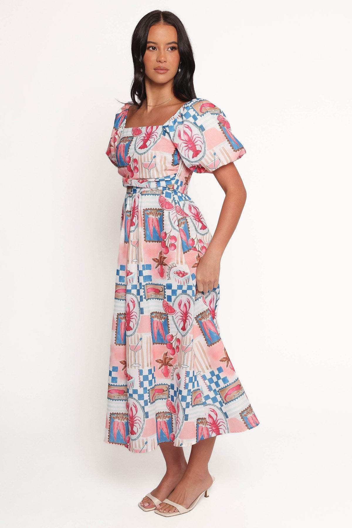 Clo Puff Sleeve Midi Dress - Pink Blue