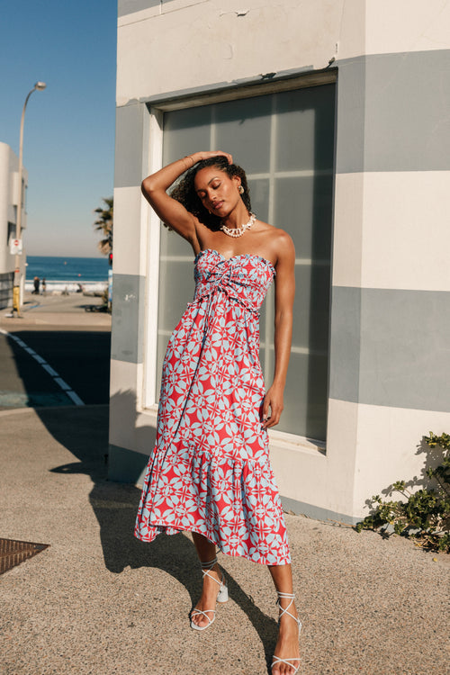 Dayton Strapless Midi Dress - Red Blue