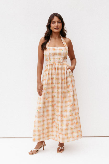 Gemini Halterneck Maxi Dress - Yellow Floral Gingham