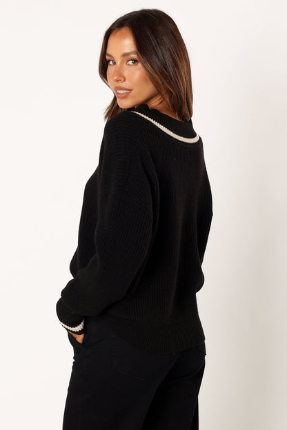 Dominique Contrast Vneck Knit Sweater - Black/Cream