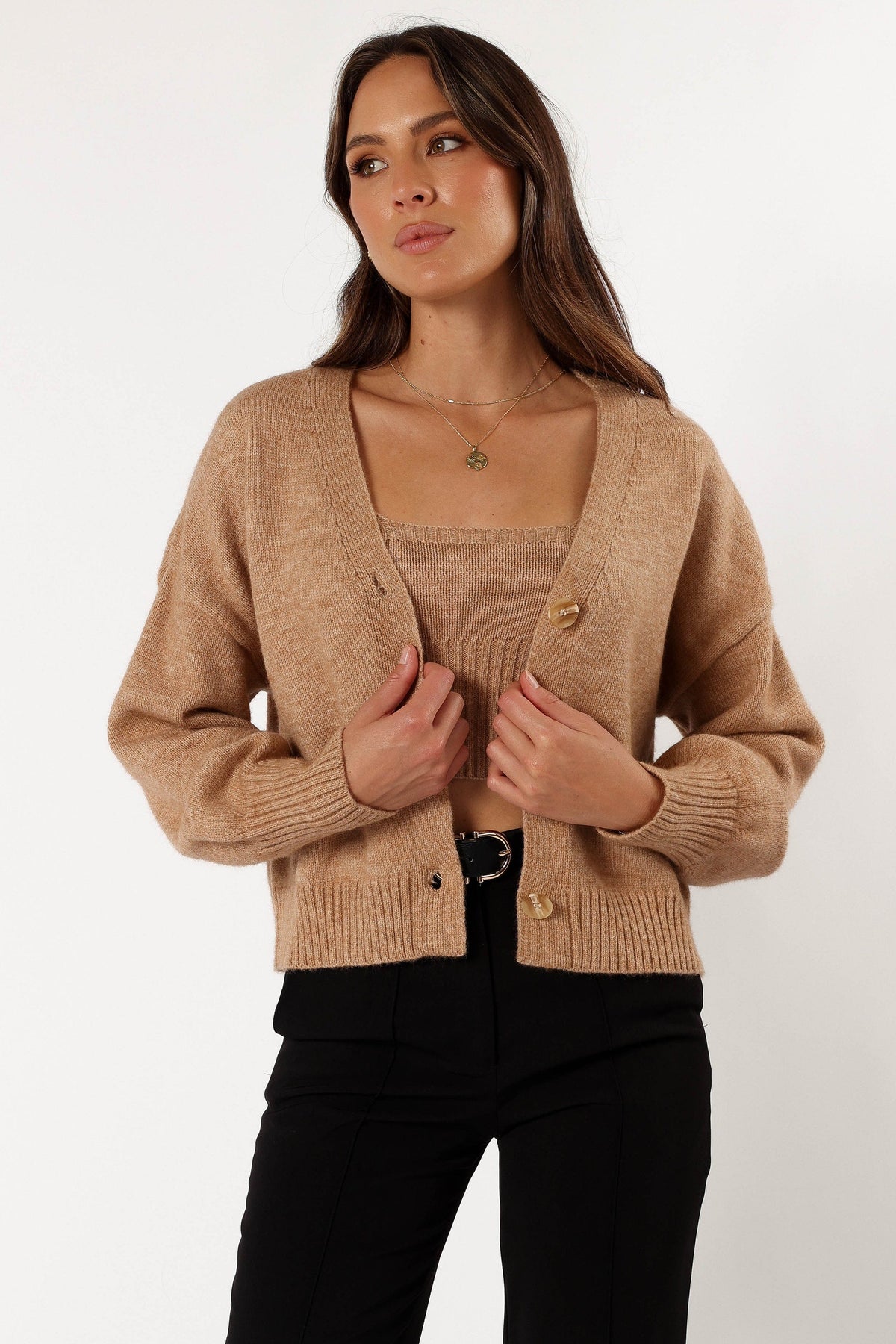 Isabel Button Front Cardigan - Beige