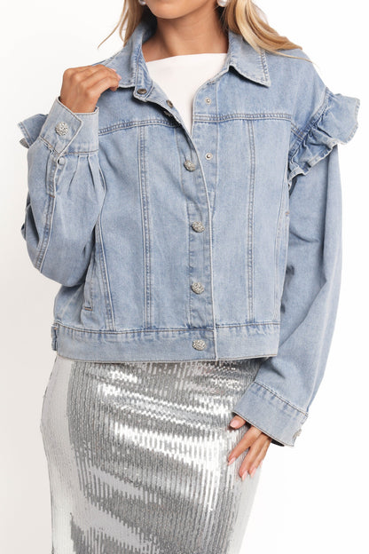 Hadley Ruffle Sleeve Denim Jacket - Mid Denim
