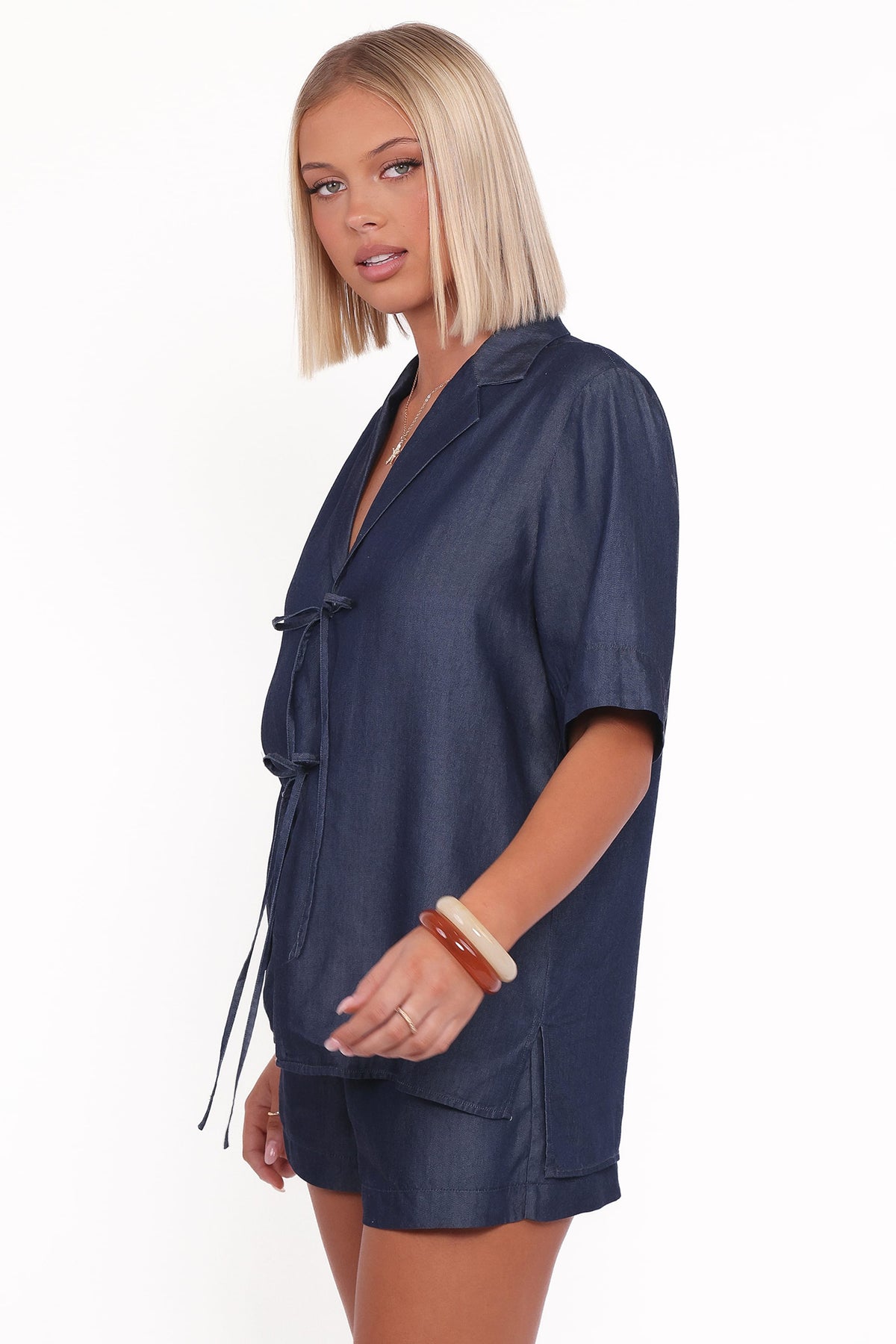 Aaliyah Chambray Tie Front Top - Dark Wash