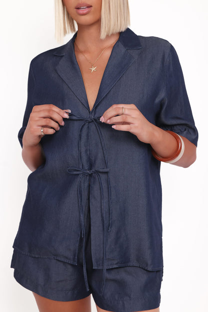 Aaliyah Chambray Tie Front Top - Dark Wash