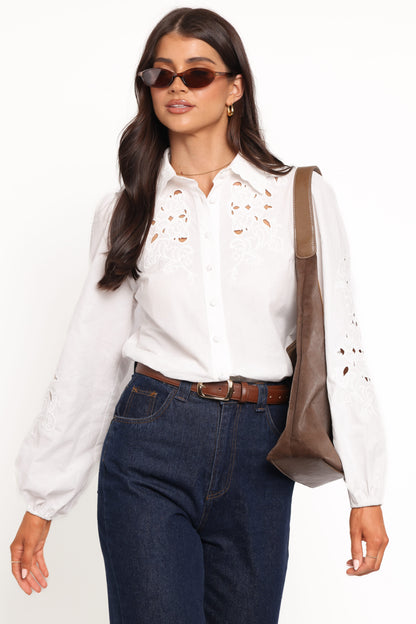 Aeloria Button Front Shirt - White Embroidery