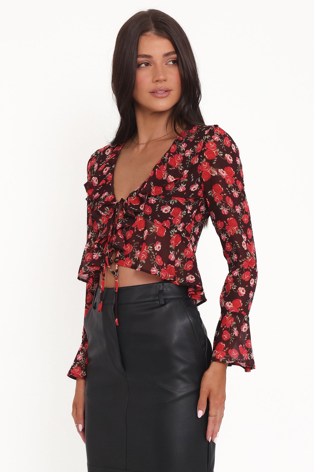 Aveline Chiffon Ruffle Front Top - Brown Floral